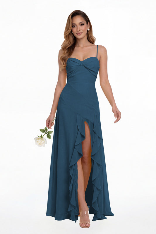 Teal Sweetheart Ruched Chiffon Ruffle Slit Maxi Gown - Front View