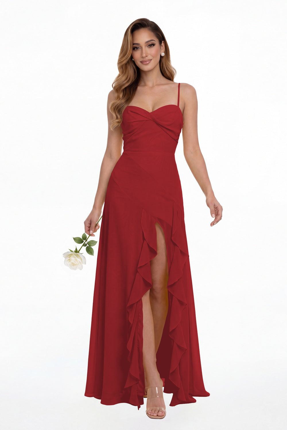 Wine Red Sweetheart Ruched Chiffon Ruffle Slit Maxi Gown - Front View