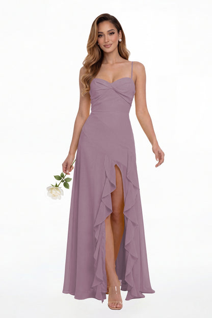 Wisteria Sweetheart Ruched Chiffon Ruffle Slit Maxi Gown - Front View