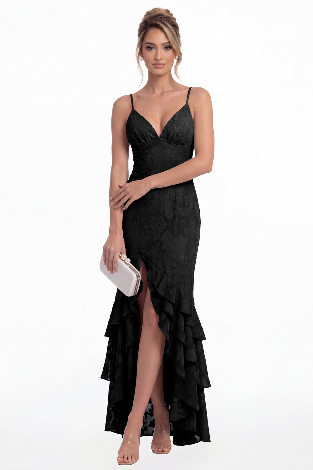 Black V Neck Floral Burnout Tiered Ruffle Slit Maxi Gown - Front View