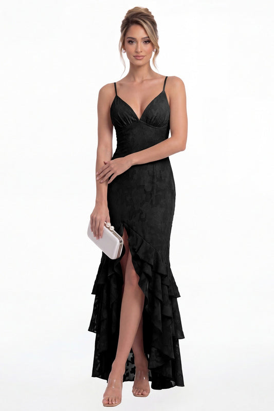 Black V Neck Floral Burnout Tiered Ruffle Slit Maxi Gown - Front View