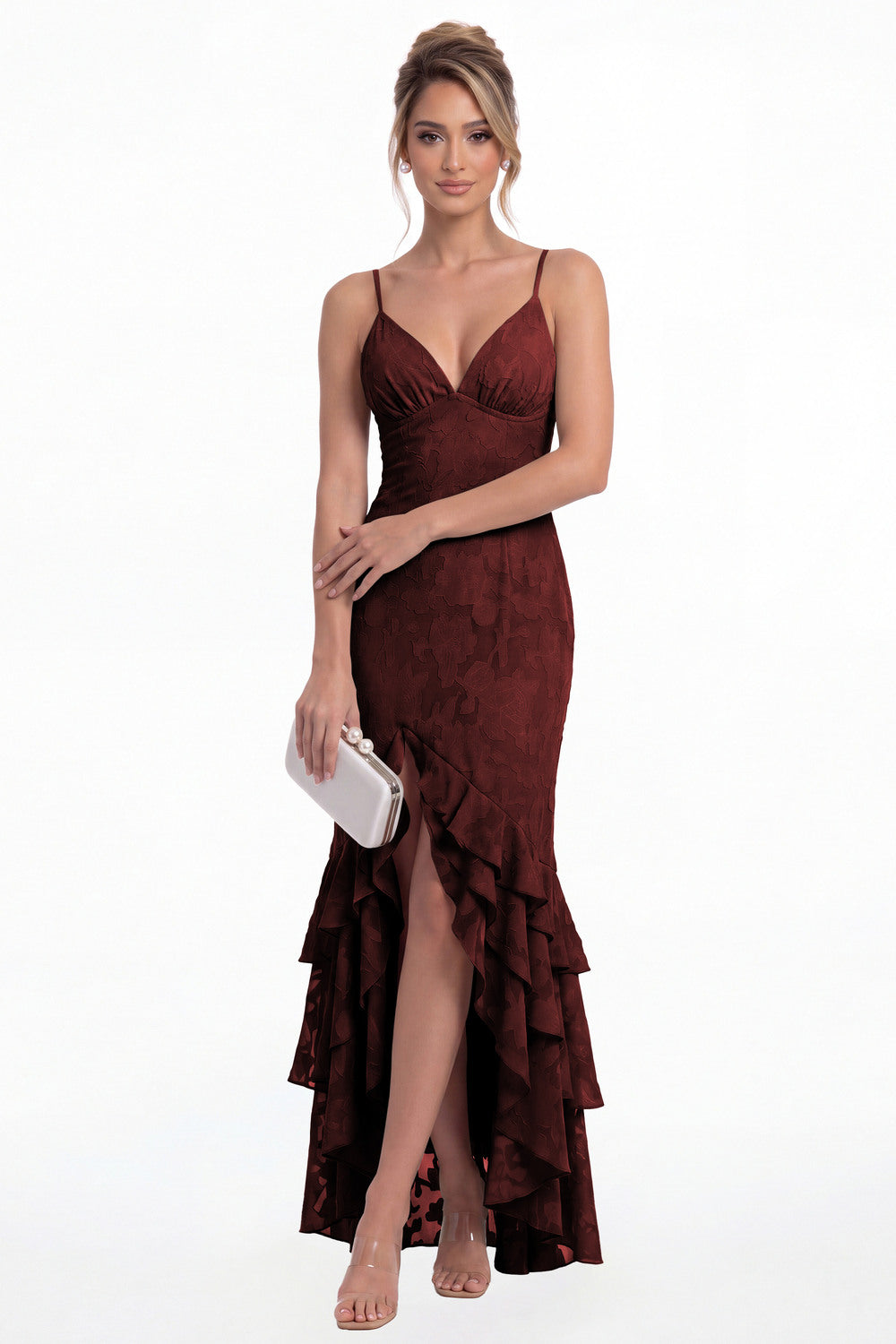 Burgundy V Neck Floral Burnout Tiered Ruffle Slit Maxi Gown - Front View