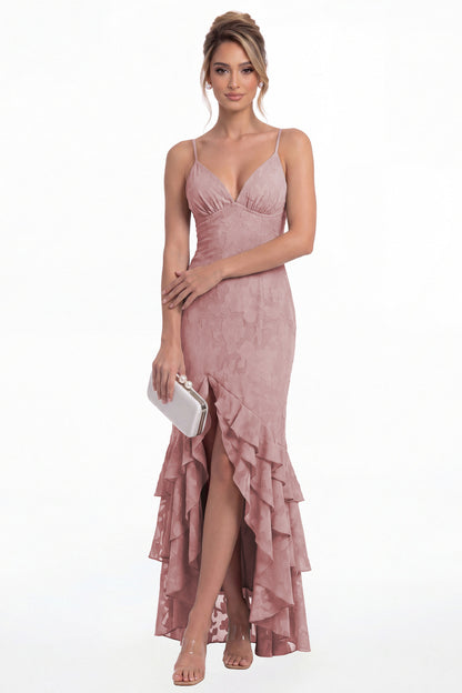 Dusty Rose V Neck Floral Burnout Tiered Ruffle Slit Maxi Gown - Front View