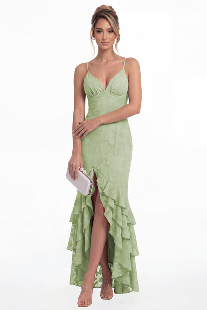 Sage Green V Neck Floral Burnout Tiered Ruffle Slit Maxi Gown - Front View