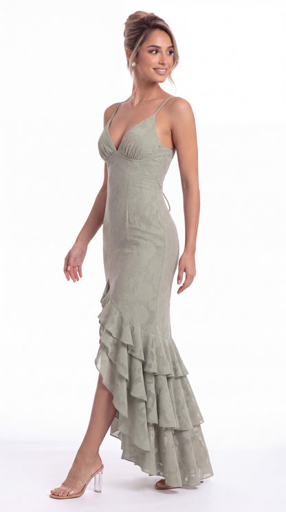 V Neck Floral Burnout Tiered Ruffle Slit Maxi Gown - Detail View 1