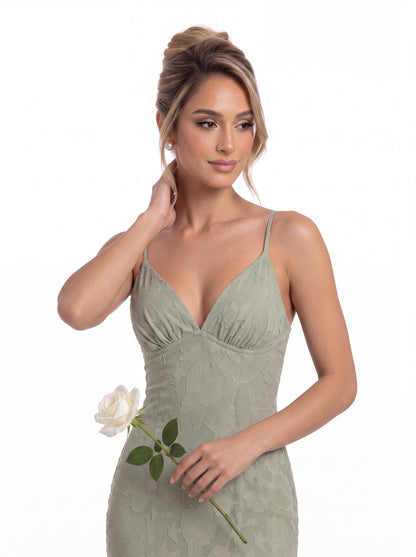 V Neck Floral Burnout Tiered Ruffle Slit Maxi Gown - Detail View 3