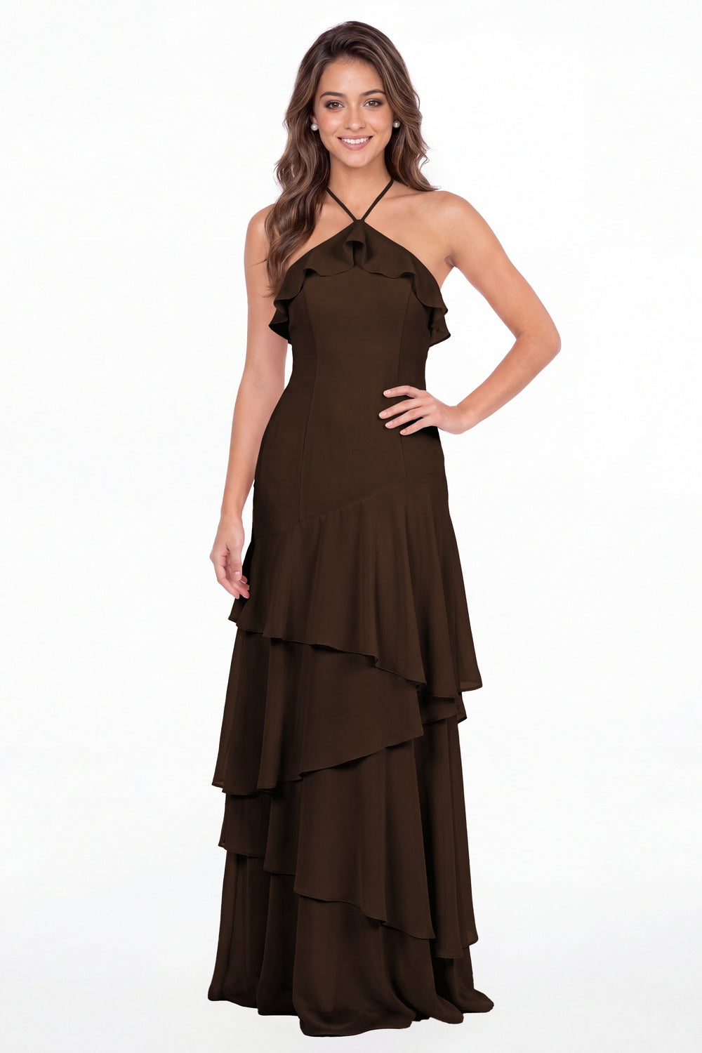 Brown Halter Ruffle Tiered Chiffon Maxi Gown - Front View