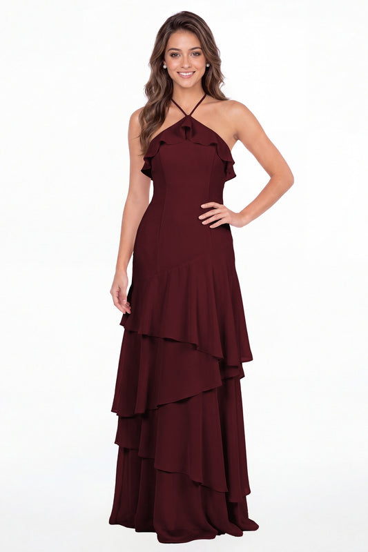 Burgundy Halter Ruffle Tiered Chiffon Maxi Gown - Front View