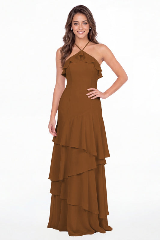 Burnt Orange Halter Ruffle Tiered Chiffon Maxi Gown - Front View