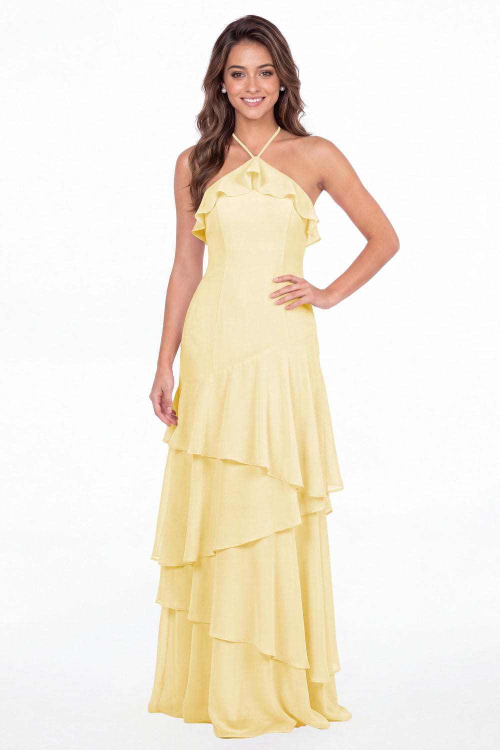 Butter Yellow Halter Ruffle Tiered Chiffon Maxi Gown - Front View