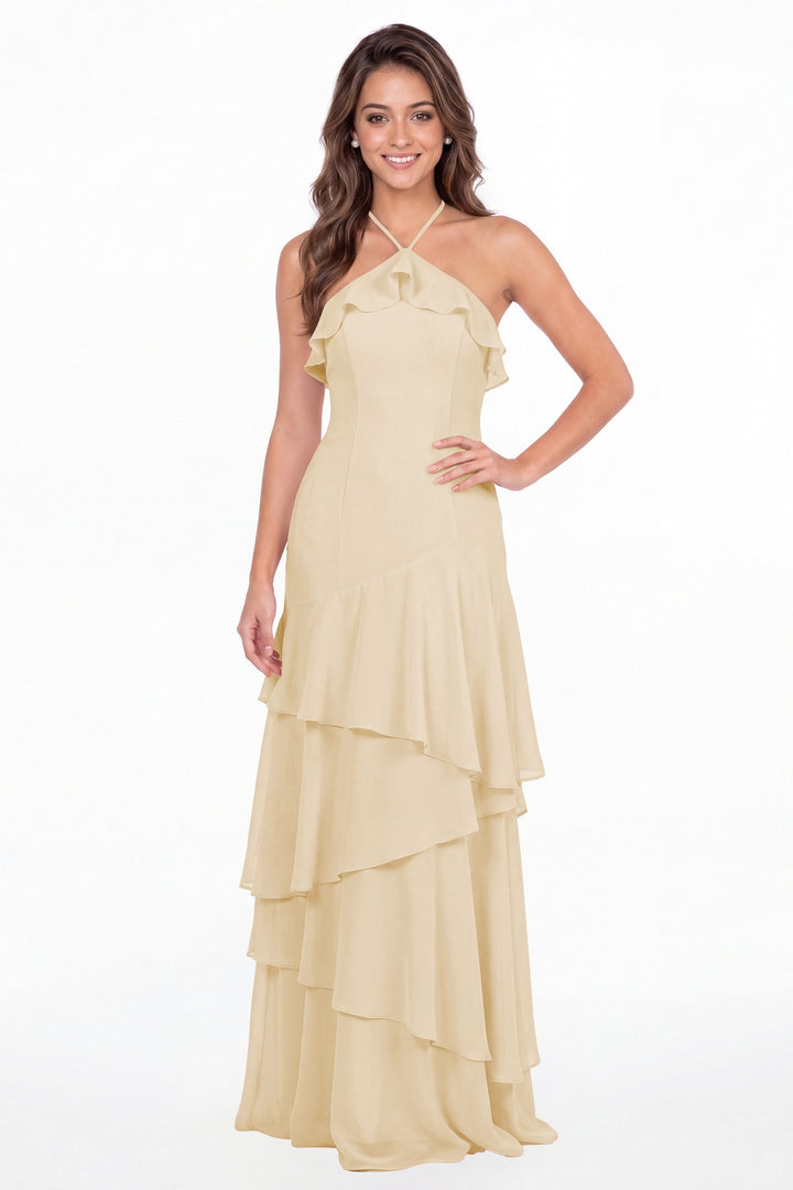 Champagne Halter Ruffle Tiered Chiffon Maxi Gown - Front View