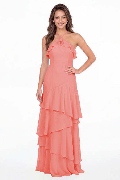 Coral Halter Ruffle Tiered Chiffon Maxi Gown - Front View