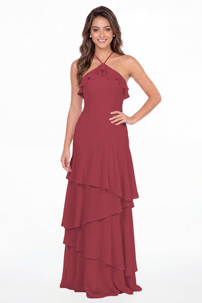 Desert Rose Halter Ruffle Tiered Chiffon Maxi Gown - Front View