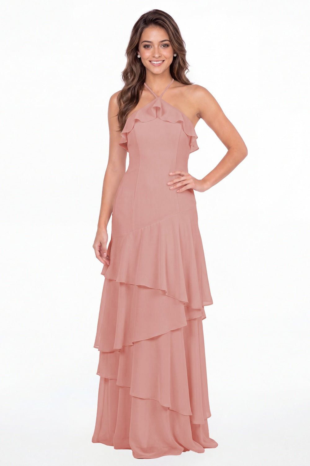 Dusty Rose Halter Ruffle Tiered Chiffon Maxi Gown - Front View