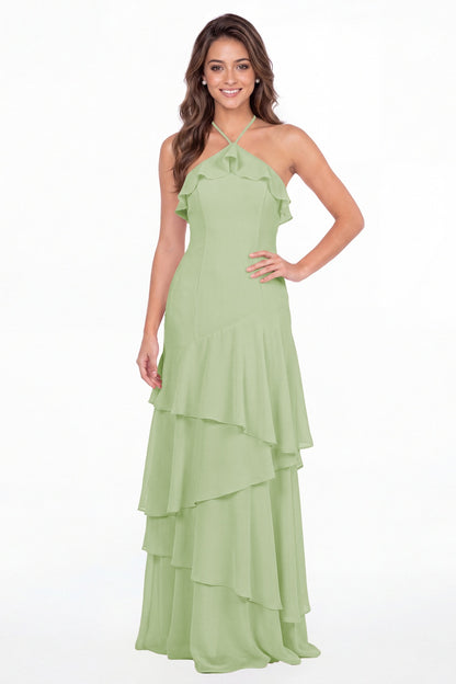 Dusty Sage Halter Ruffle Tiered Chiffon Maxi Gown - Front View