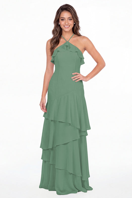 Eucalyptus Halter Ruffle Tiered Chiffon Maxi Gown - Front View