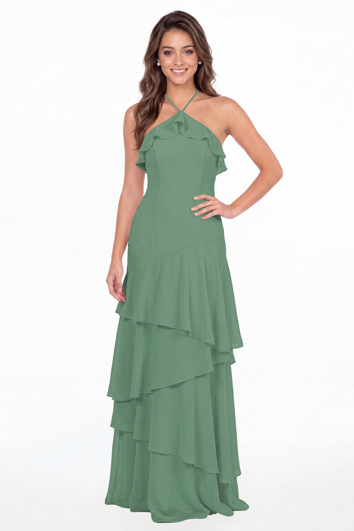 Eucalyptus Halter Ruffle Tiered Chiffon Maxi Gown - Front View