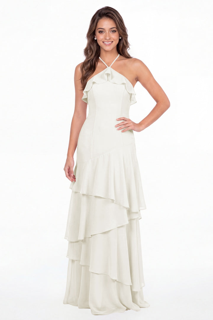 Ivory Halter Ruffle Tiered Chiffon Maxi Gown - Front View