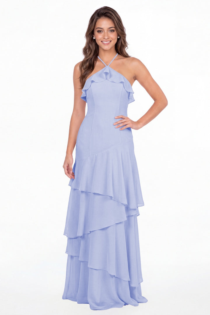 Lavender Halter Ruffle Tiered Chiffon Maxi Gown - Front View