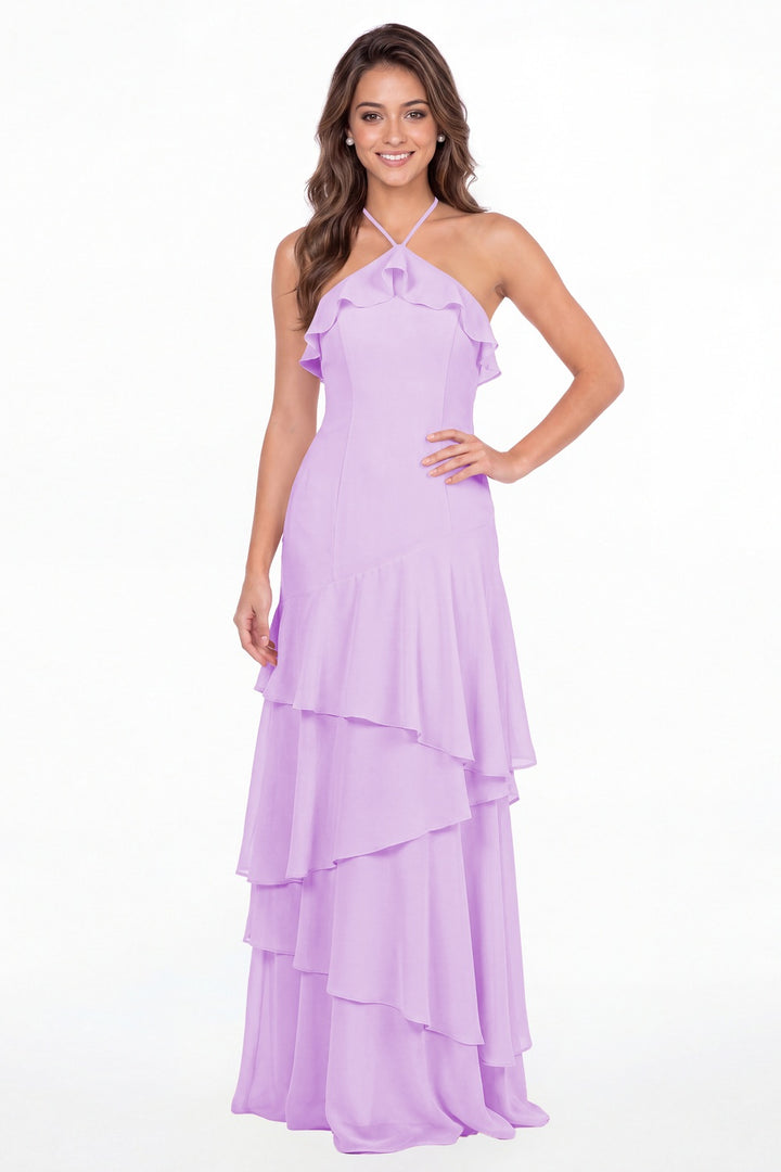 Lilac Halter Ruffle Tiered Chiffon Maxi Gown - Front View