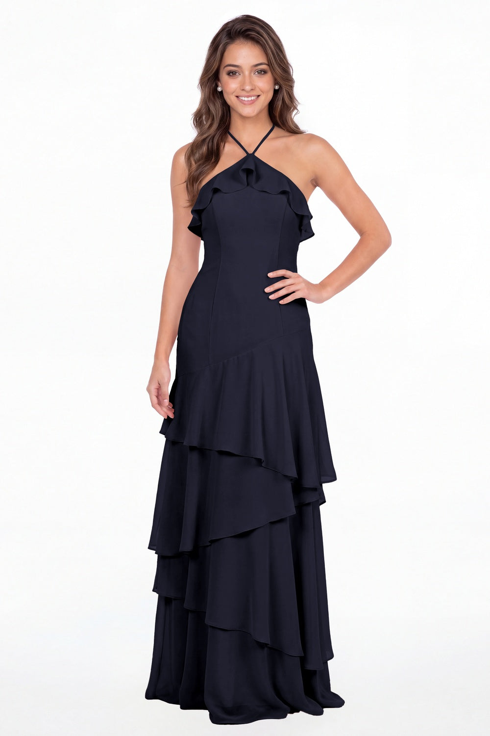 Navy Blue Halter Ruffle Tiered Chiffon Maxi Gown - Front View