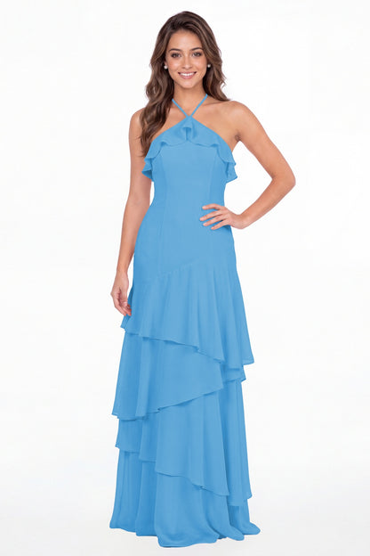 Ocean Blue Halter Ruffle Tiered Chiffon Maxi Gown - Front View