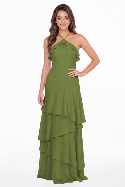 Olive Green Halter Ruffle Tiered Chiffon Maxi Gown - Front View