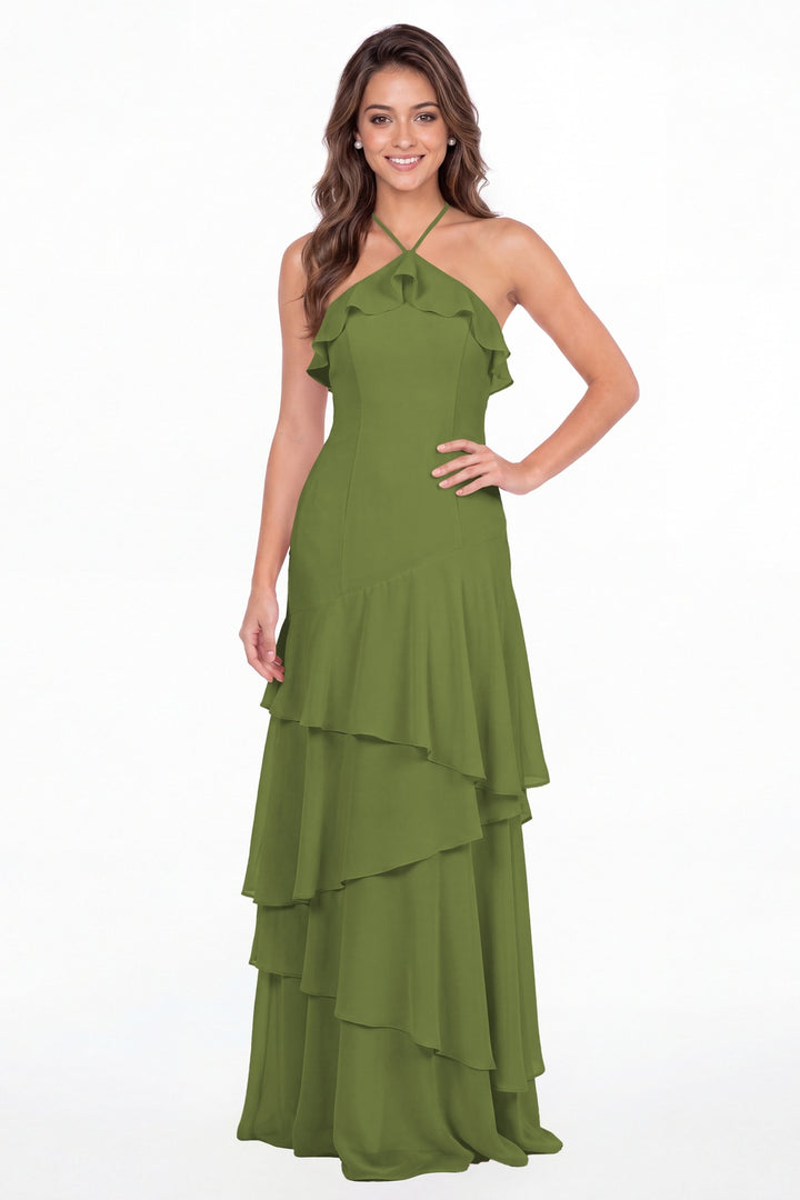 Olive Green Halter Ruffle Tiered Chiffon Maxi Gown - Front View
