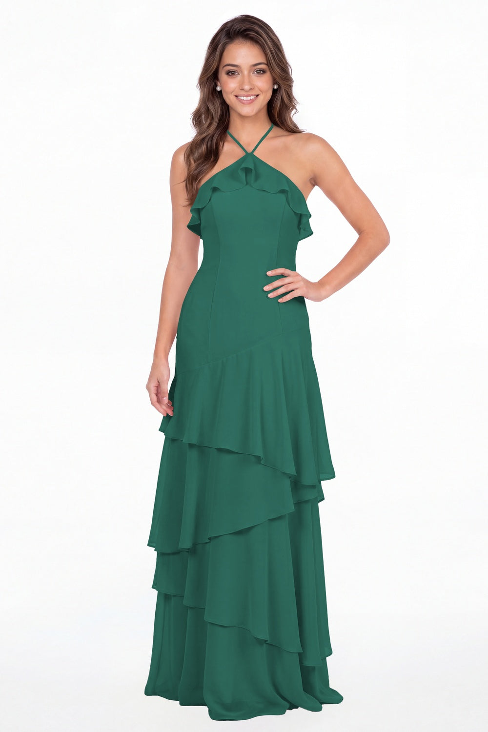 Peacock Halter Ruffle Tiered Chiffon Maxi Gown - Front View