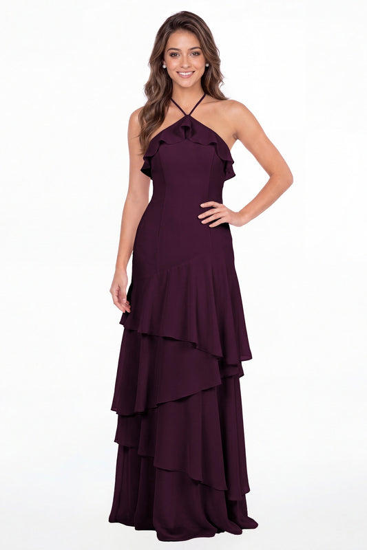 Plum Halter Ruffle Tiered Chiffon Maxi Gown - Front View