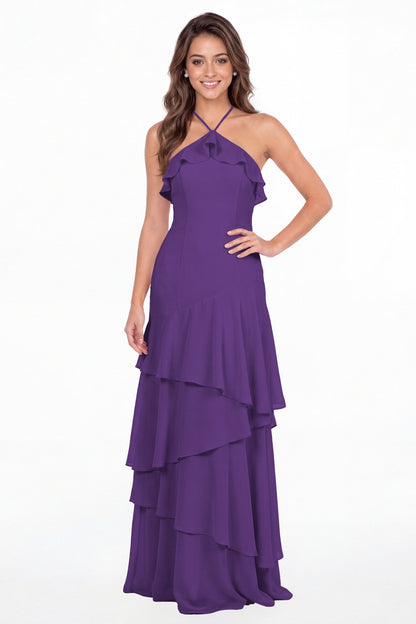 Purple Halter Ruffle Tiered Chiffon Maxi Gown - Front View