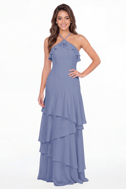 Steel Blue Halter Ruffle Tiered Chiffon Maxi Gown - Front View