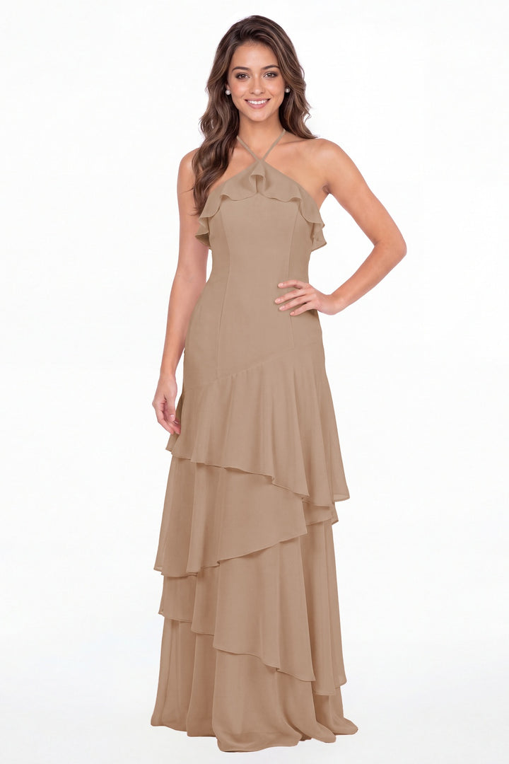 Taupe Halter Ruffle Tiered Chiffon Maxi Gown - Front View