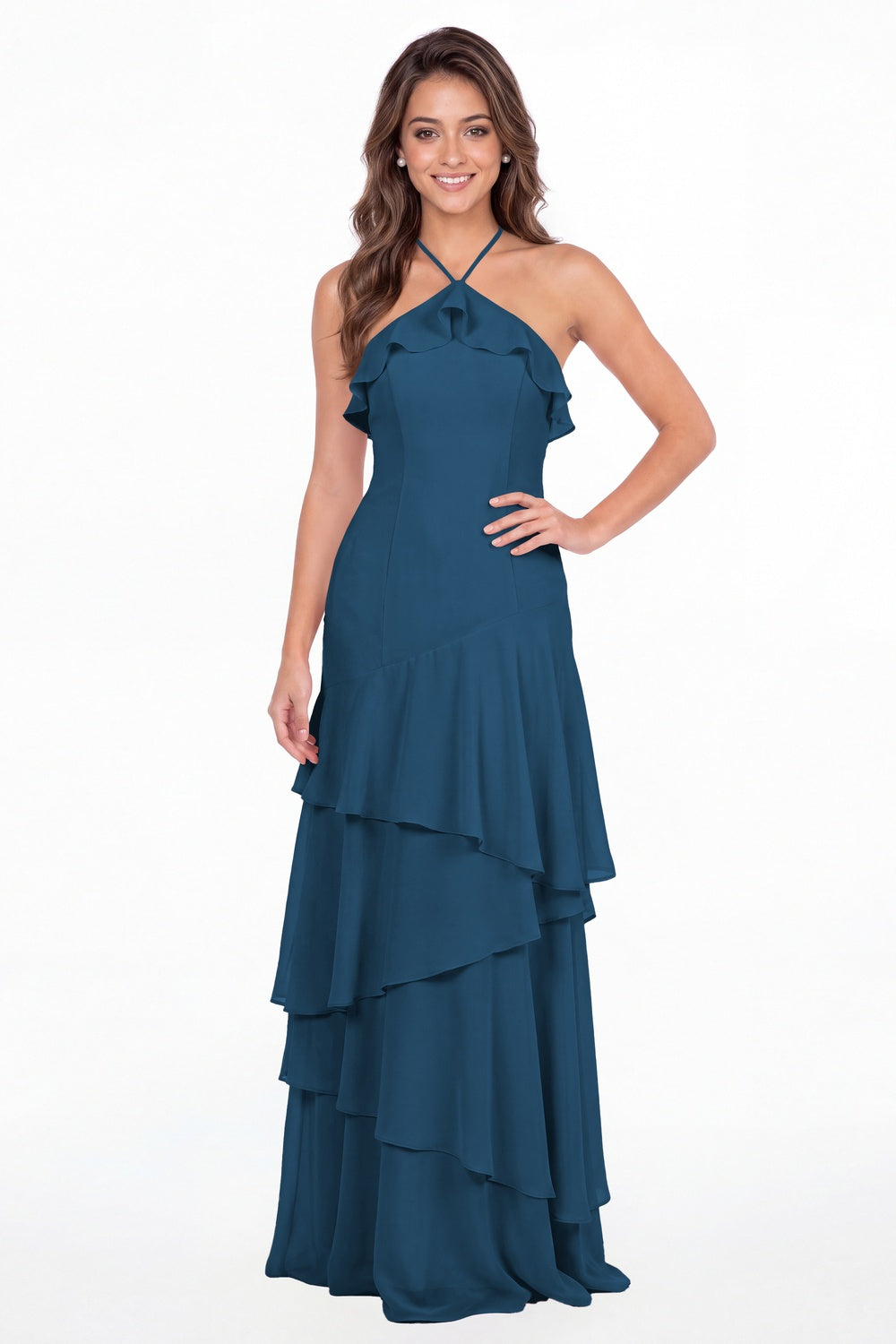 Teal Halter Ruffle Tiered Chiffon Maxi Gown - Front View