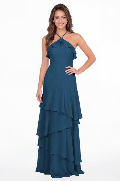 Teal Halter Ruffle Tiered Chiffon Maxi Gown - Front View