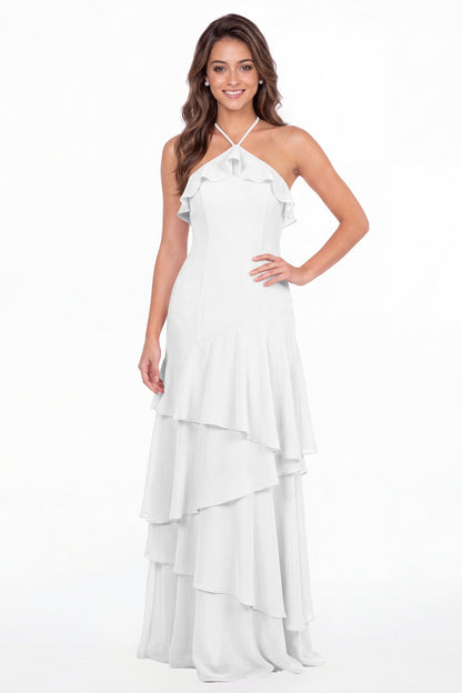 White Halter Ruffle Tiered Chiffon Maxi Gown - Front View