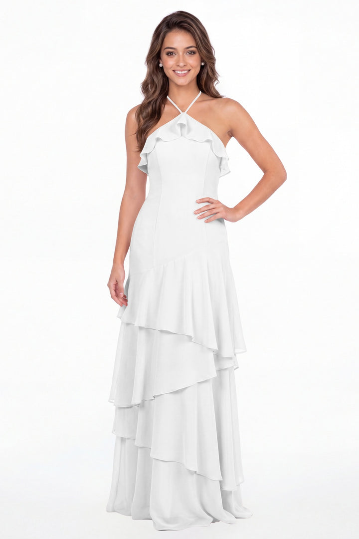 White Halter Ruffle Tiered Chiffon Maxi Gown - Front View
