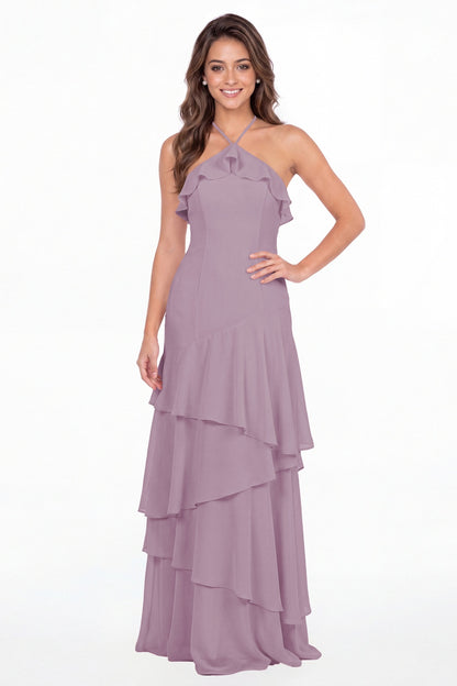 Wisteria Halter Ruffle Tiered Chiffon Maxi Gown - Front View