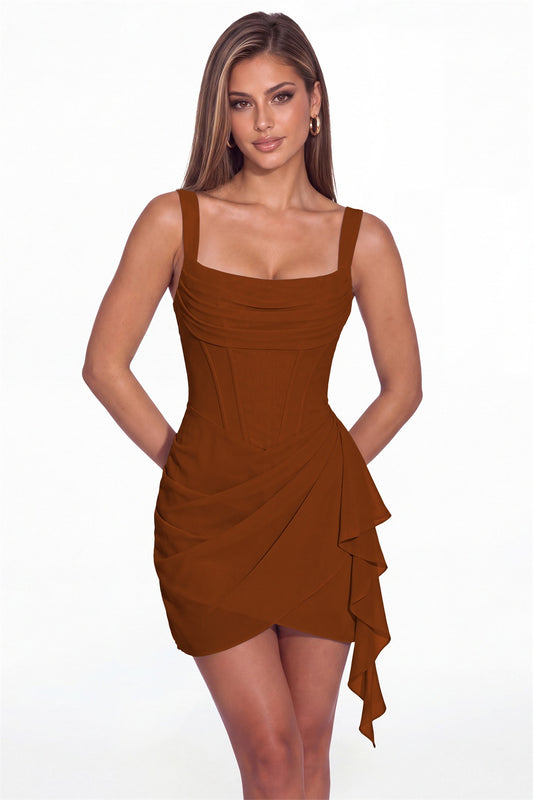 Burnt Orange Square Neck Ruched Chiffon Corset Mini Homecoming Dress - Front View