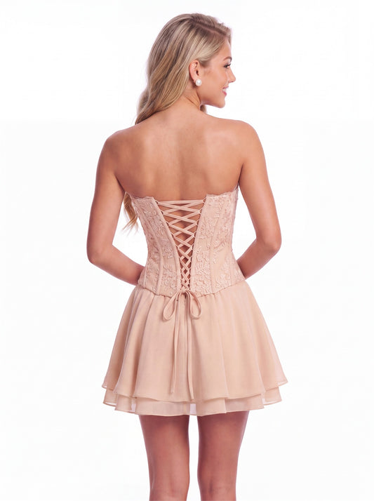 Strapless Lace Corset Chiffon Mini Homecoming Dress - Back View