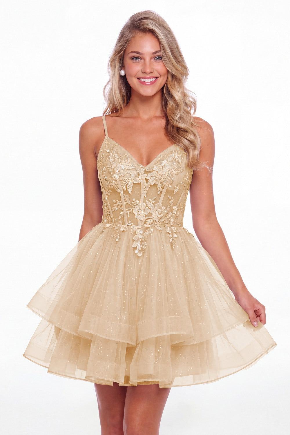Champagne V Neck Tulle Lace Applique Mini Homecoming Dress - Front View