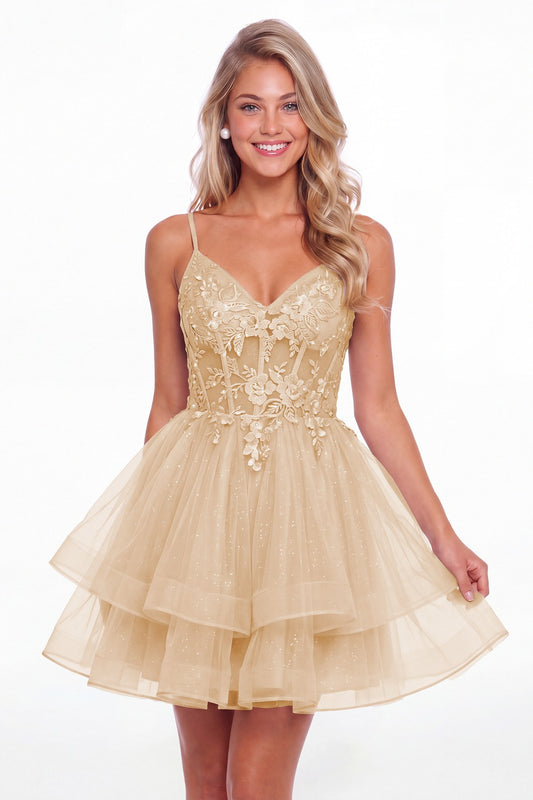 Champagne V Neck Tulle Lace Applique Mini Homecoming Dress - Front View