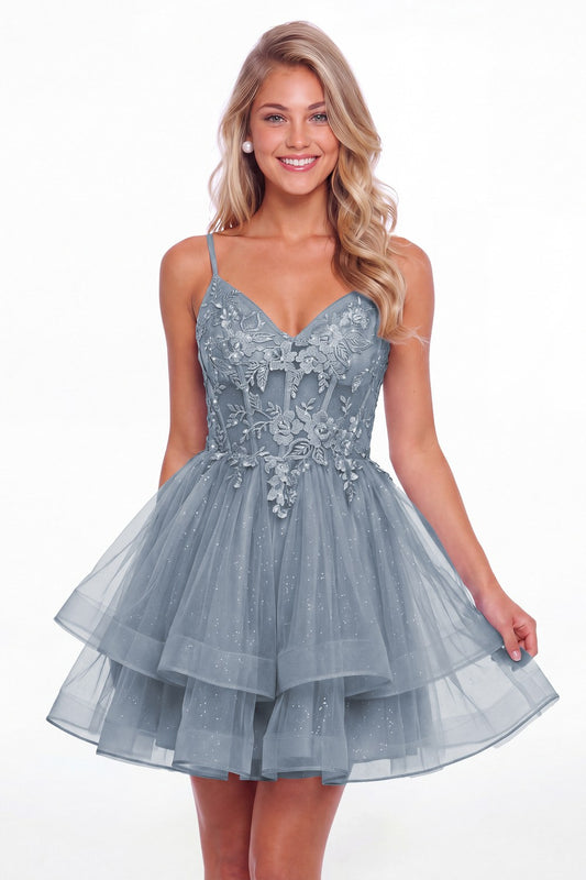 Dusty Blue V Neck Tulle Lace Applique Mini Homecoming Dress - Front View