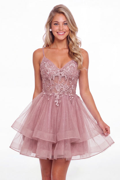 Dusty Rose V Neck Tulle Lace Applique Mini Homecoming Dress - Front View