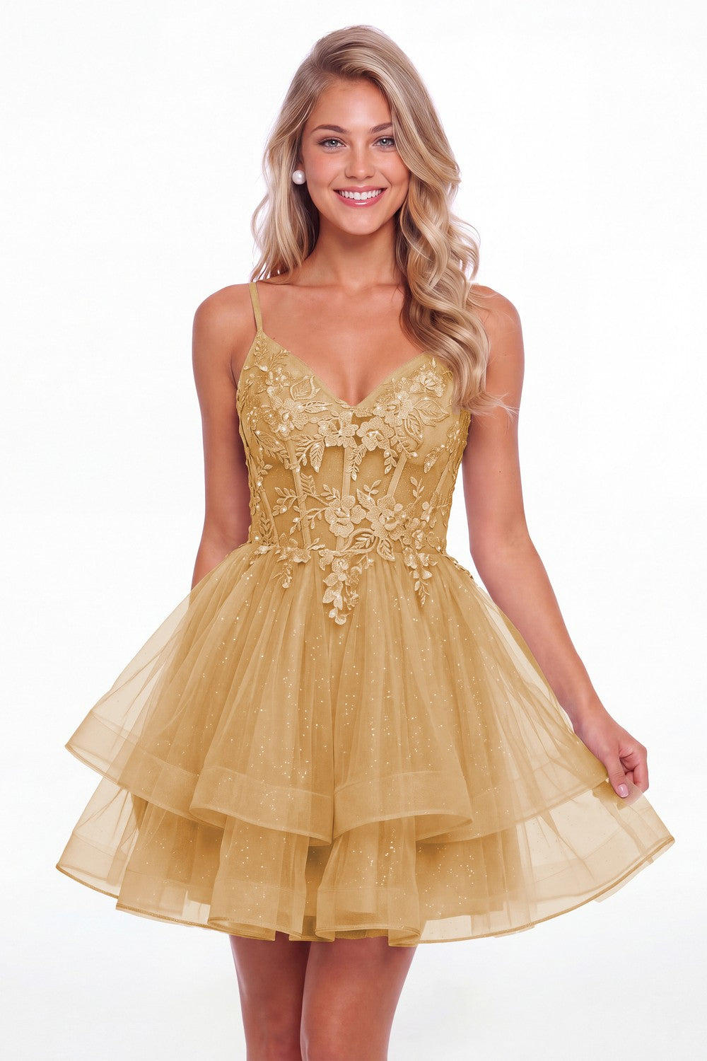 Gold V Neck Tulle Lace Applique Mini Homecoming Dress - Front View