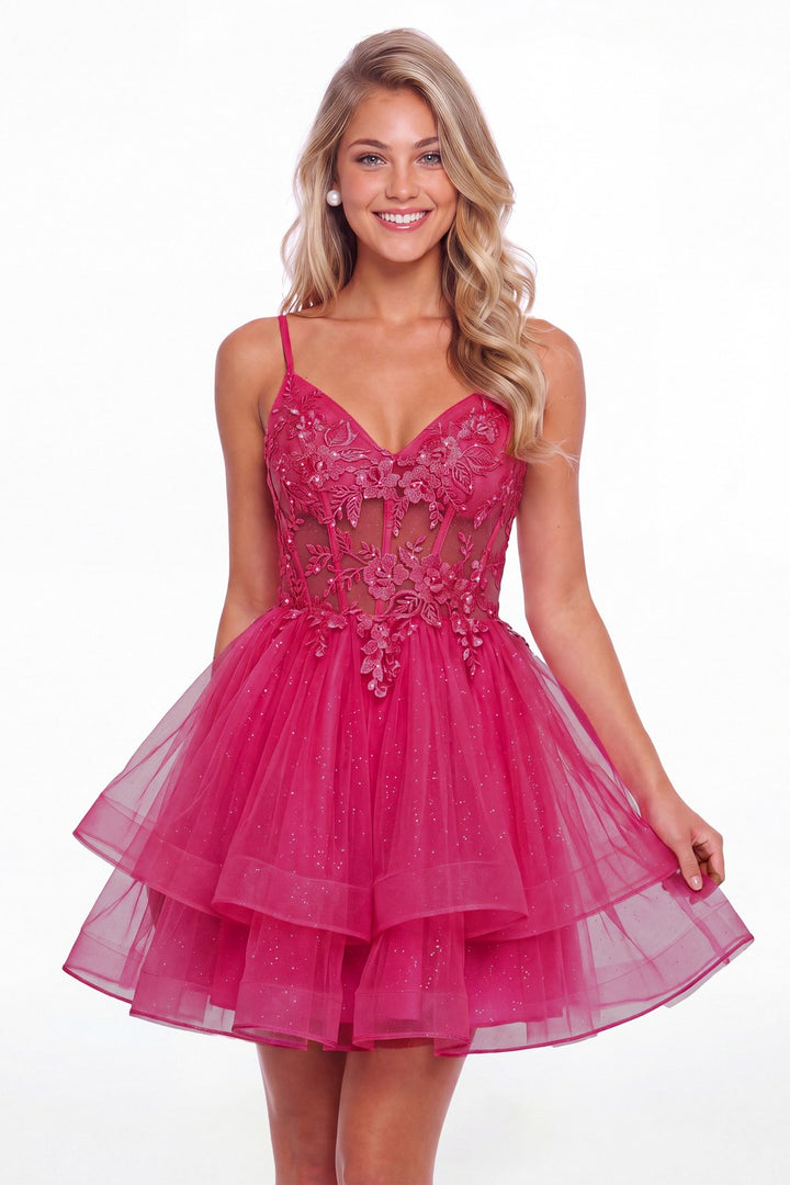 Hot Pink V Neck Tulle Lace Applique Mini Homecoming Dress - Front View