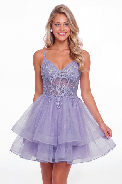 Lavender V Neck Tulle Lace Applique Mini Homecoming Dress - Front View