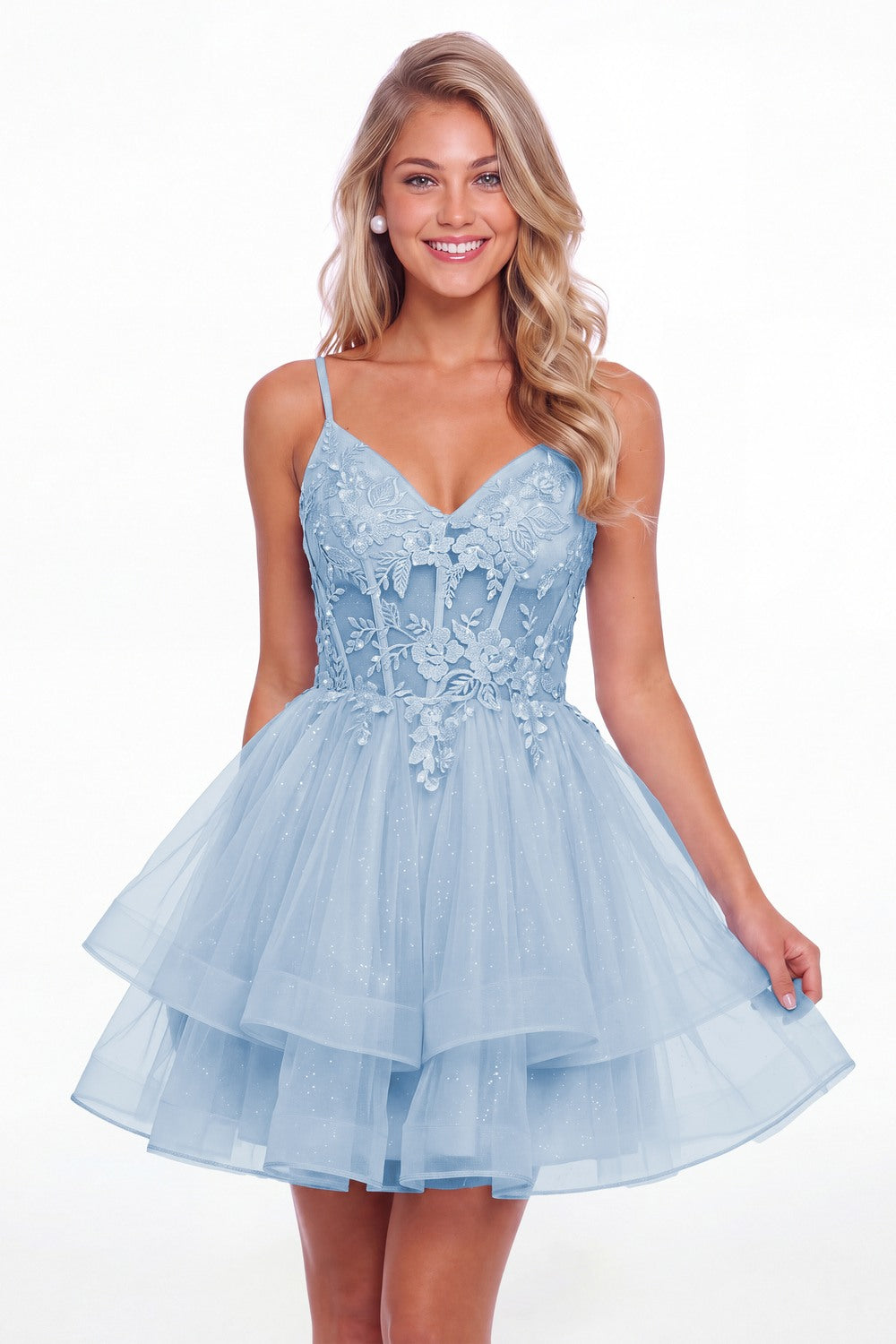 Light Blue V Neck Tulle Lace Applique Mini Homecoming Dress - Front View