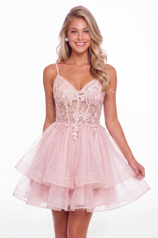 Light Pink V Neck Tulle Lace Applique Mini Homecoming Dress - Front View