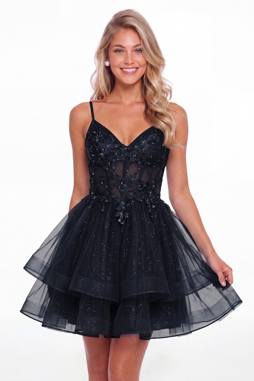 Navy Blue V Neck Tulle Lace Applique Mini Homecoming Dress - Front View